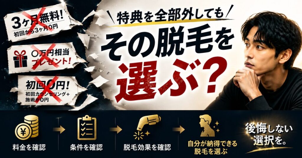 無料やプレゼントなどの特典だけで決めず料金や条件や脱毛効果を確認して選ぶ大切さを示した図