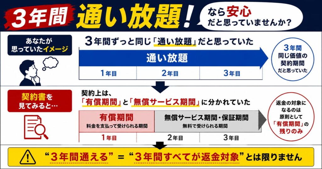 脱毛の通い放題における有償期間と無償サービス期間の違いを説明した図