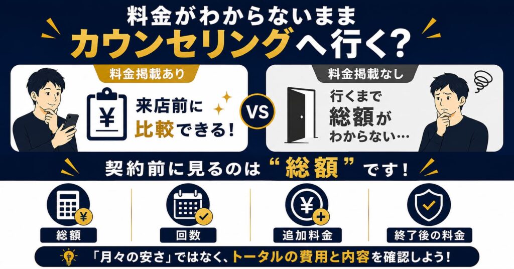 メンズ脱毛の料金掲載ありと料金掲載なしで来店前に費用を比較できるかの違いを示した図