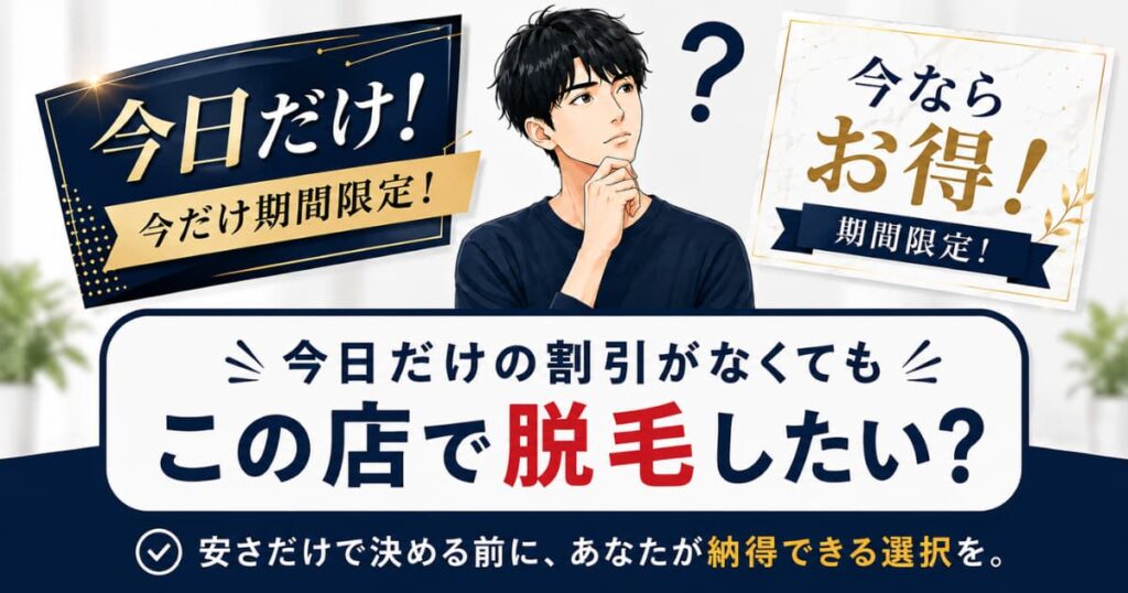 メンズ脱毛の当日限定割引や期間限定のお得さだけで契約を決めない大切さを示した図
